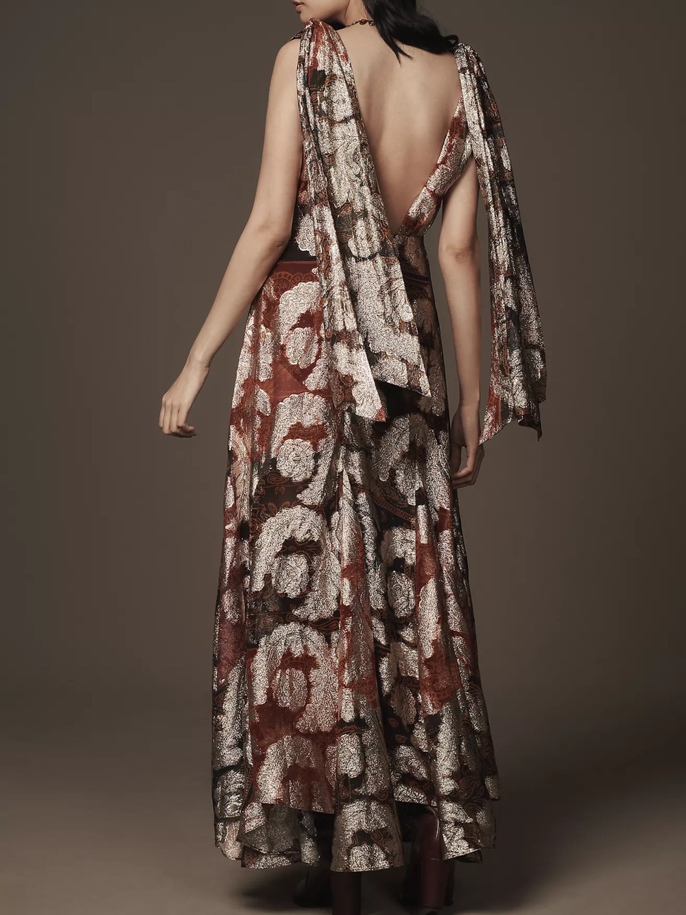 Farm Rio Sleeveless V-Neck Jacquard Lurex A-Line Maxi Dress in Red - Picture 3 of 4